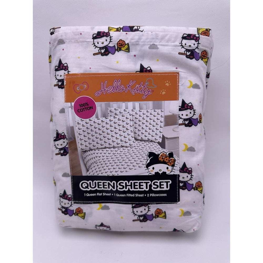 Hello Kitty Halloween Queen Sheet Set Witch Broom Pumpkins White 100% Cotton 4pc